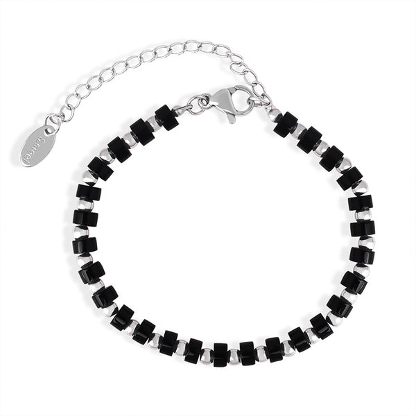 New light luxury retro high-end natural black turquoise handmade beaded stainless steel bead bracelet jewelry