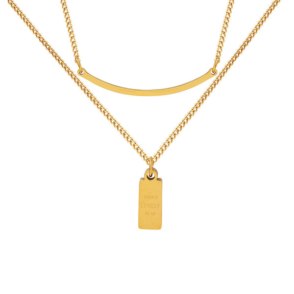 Titanium steel gold-plated lettering square brand pendant double chain collarbone versatile personality design double layer stacked necklace women