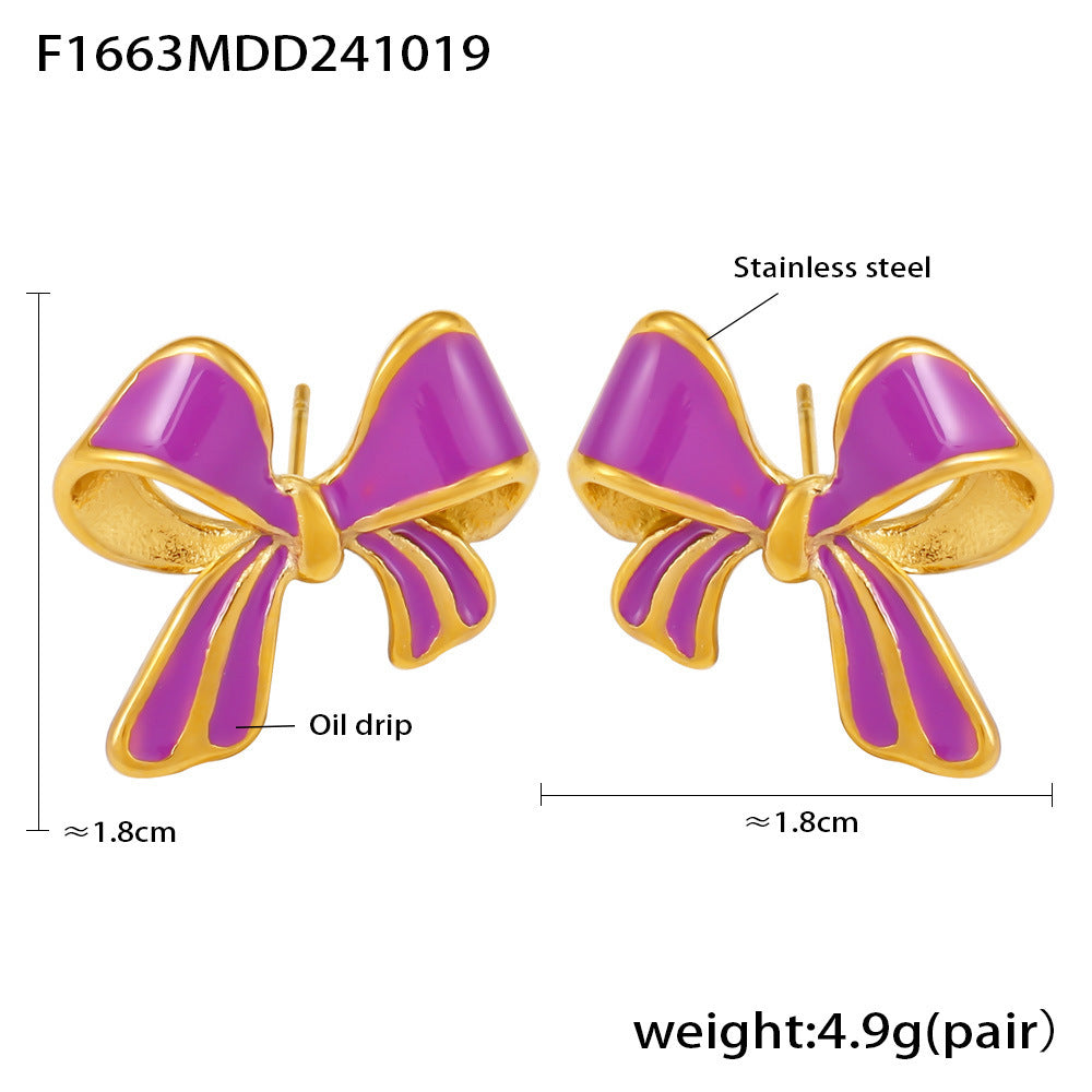 Delicate oil drip bow stud earrings light luxury oil painting texture stainless steel sweet earrings spot pp
