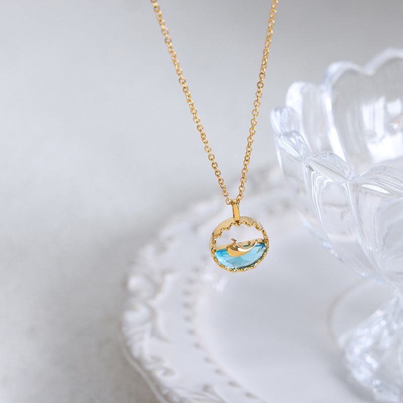 Simple personality fringed chain design sense blue pendant men's and women's titanium steel gold-plated jewelry set 99