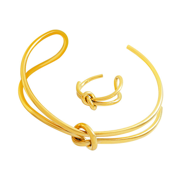 Jewelry Line Double Twist Line Knotted Open Ring Titanium Steel Plated 18k Gold Bracelet Jewelry Set