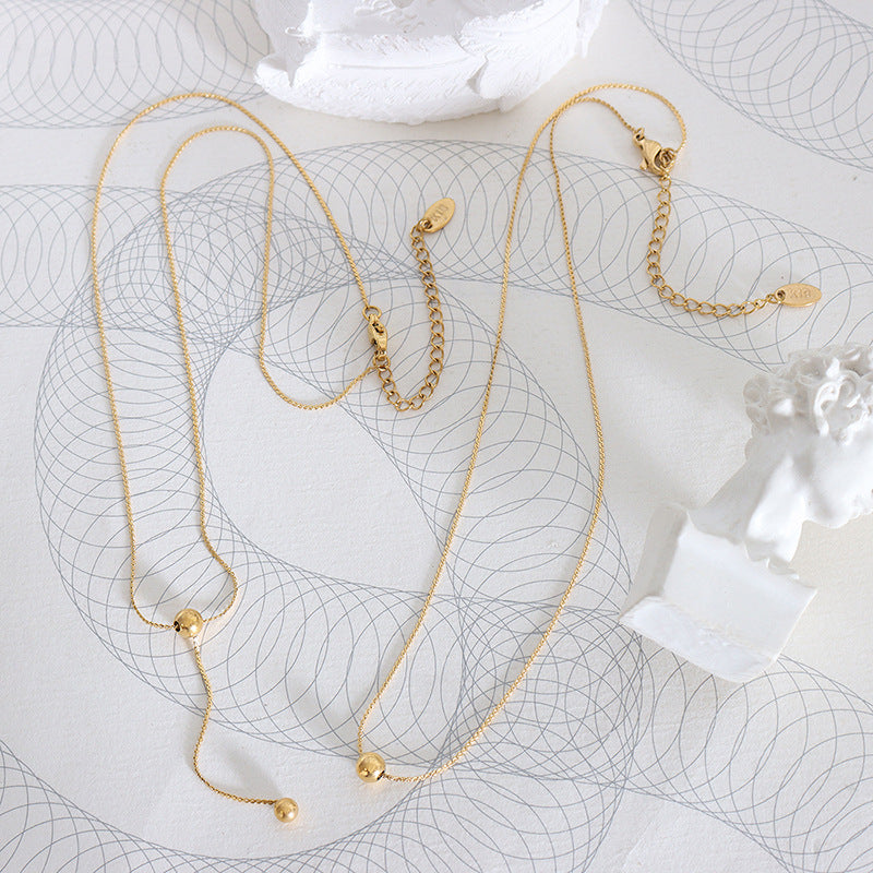 Cold wind minimalist design sense double layer stacked bead necklace female titanium steel fringed collarbone chain P671pp