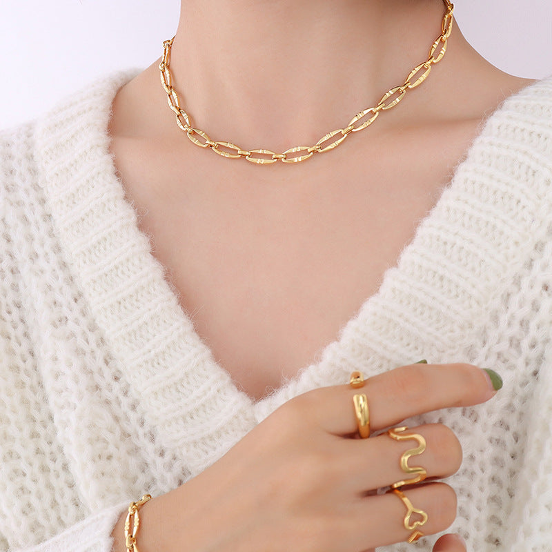 Hip-hop design geometric elements stacked simple bare chain titanium steel plated 18K gold bracelet accessories set pp