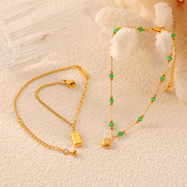 Casual style retro shell small gold brick pendant niche green beaded design temperament titanium steel gold-plated anklet