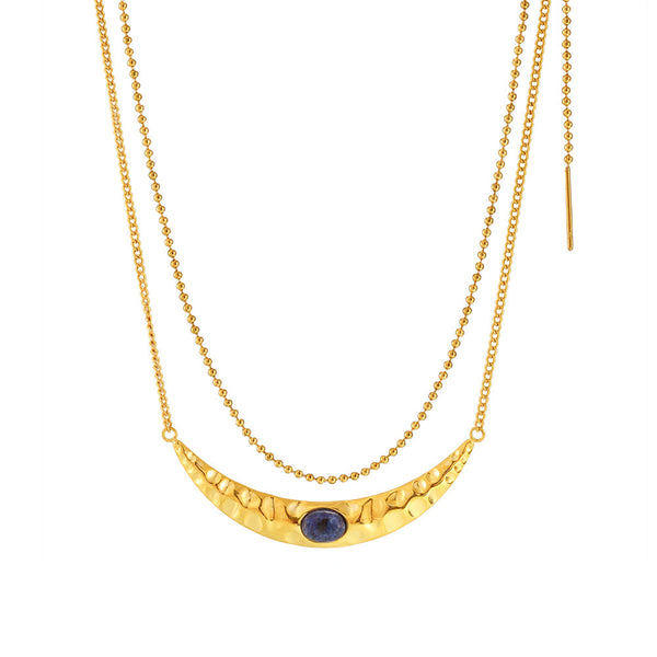 Crescent moon inlaid lapis lazuli rice beads double layer stacked necklace light luxury texture bead earrings personalized set