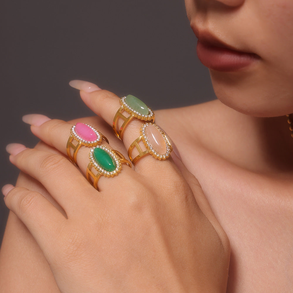 Jewelry 3A zircon inlaid natural stone open ring titanium steel plated 18K gold adjustable ring jewelry spot supply