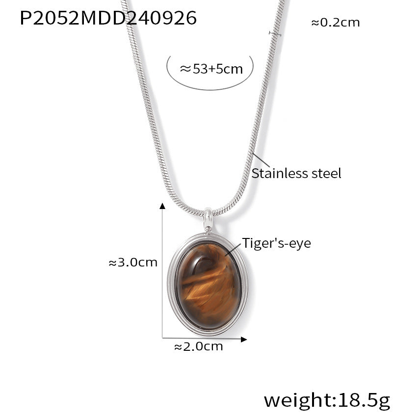 Autumn and winter stacked wearing Maillard style oval tiger's eye stone pendant necklace light luxury stainless steel non-fading neck chain
