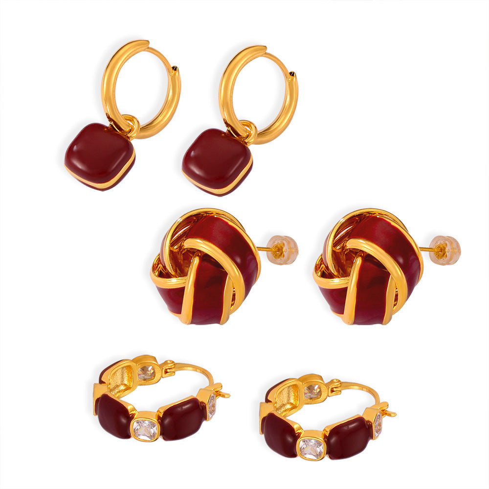 Retro niche simple personalized jewelry geometric weights color glaze design sense inlaid zircon copper earrings