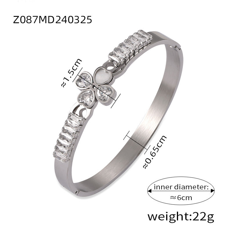 Temperament cold wind elegant jewelry love splicing shape inlaid zircon white shell design titanium steel bracelet