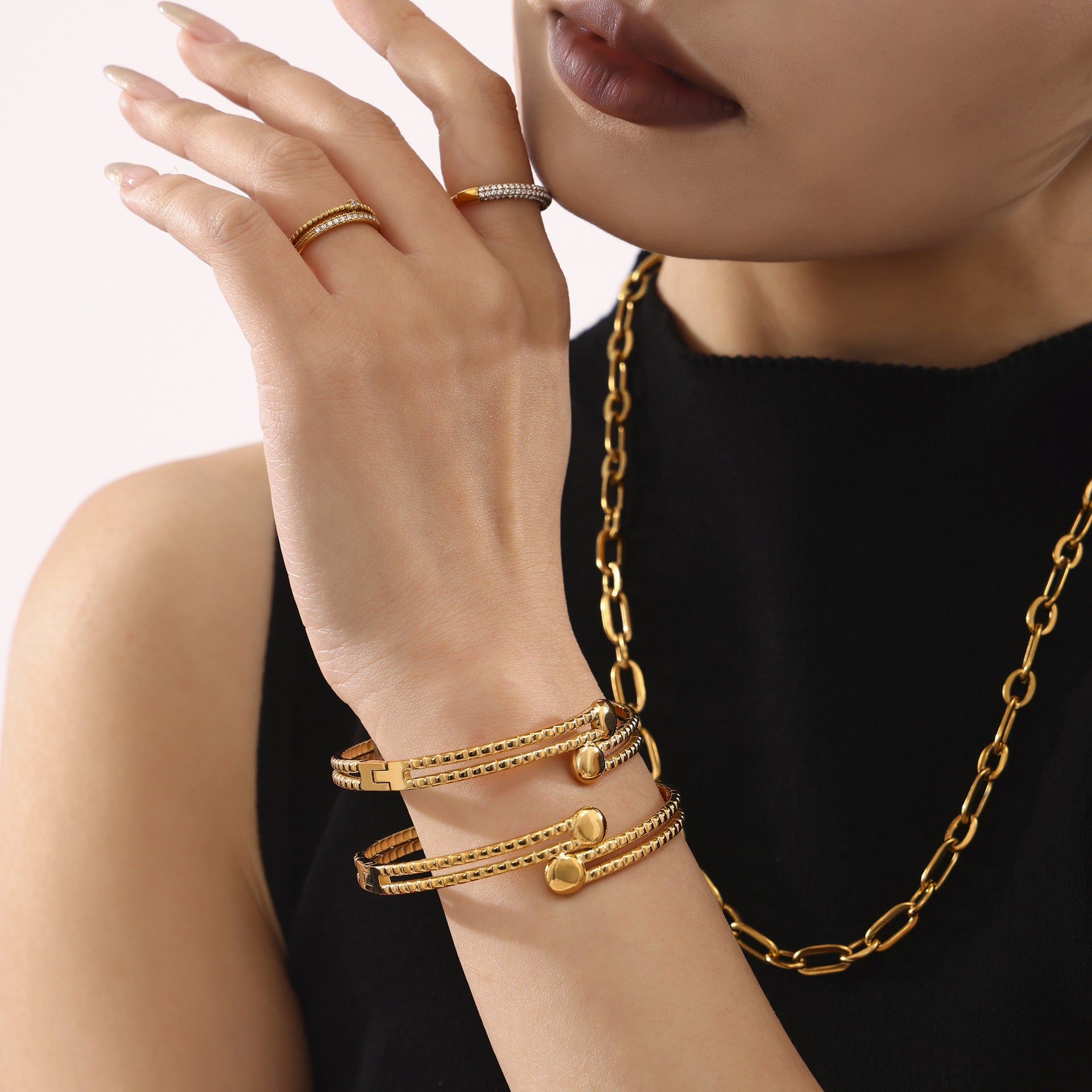 Internet celebrity personality trend double-layer open bracelet furnace vacuum plating 18k real gold non-fading bracelet women pp