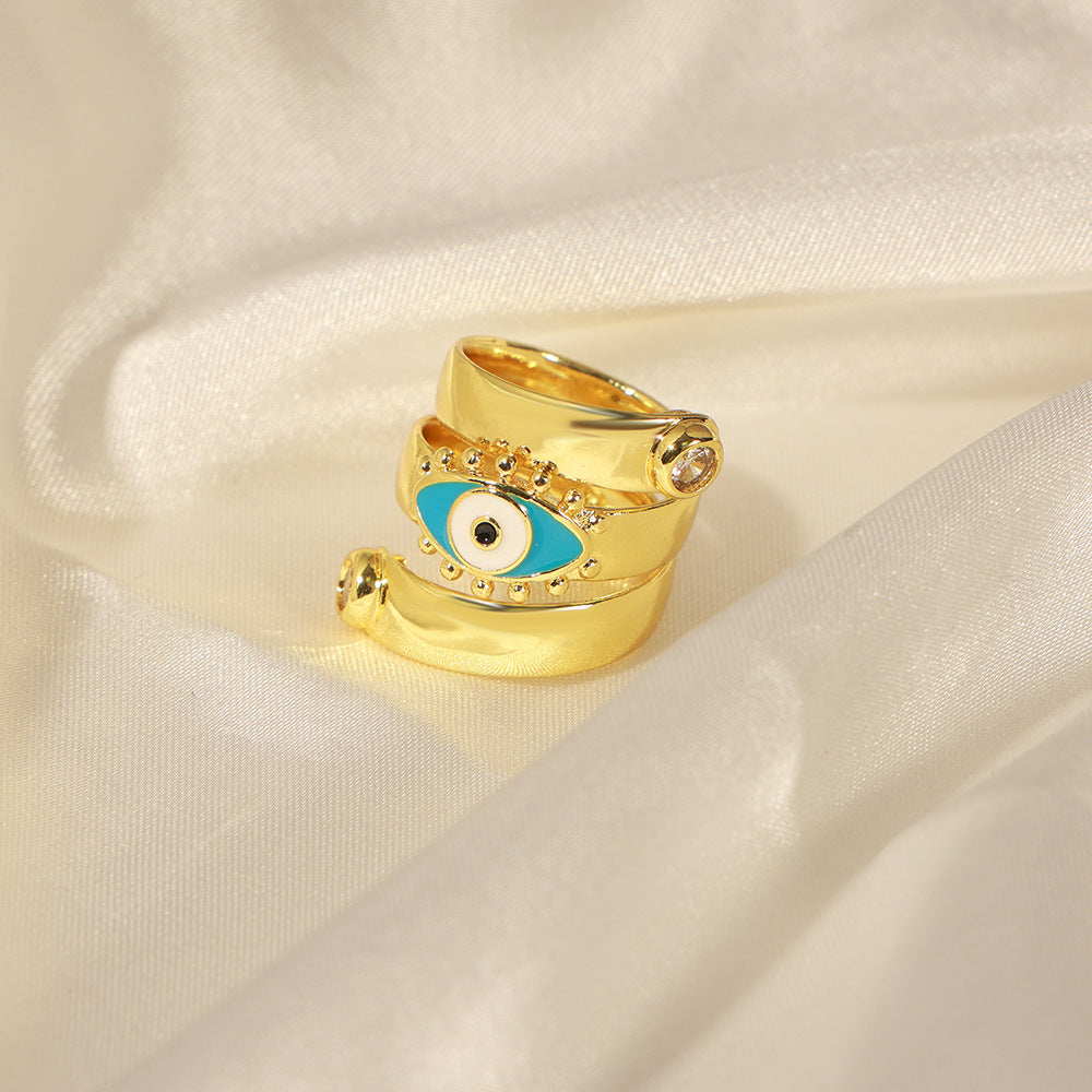 New fashionable retro personalized copper material eye twist enamel color glaze inlaid zircon open ring jewelry pp