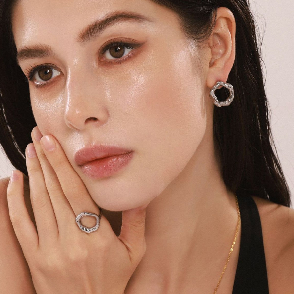 Niche ring karst ring earrings, European and American fashion simple jewelry, stainless steel plated 18K real gold set