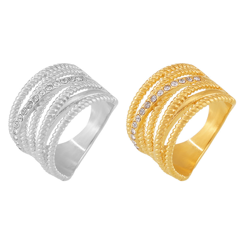 Hot Sale Multi-layer Twist Cross Diamond Set Hollow Ring Stainless Steel Plated 18K Gold Personality Ring