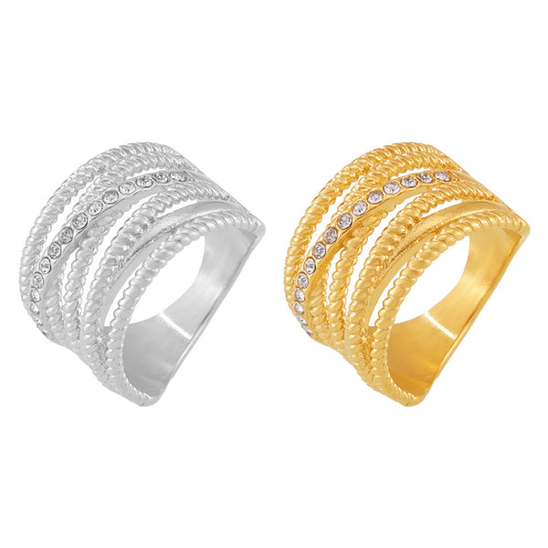 Hot Sale Multi-layer Twist Cross Diamond Set Hollow Ring Stainless Steel Plated 18K Gold Personality Ring