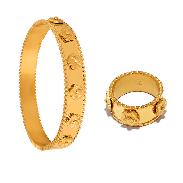 Embossed flower bracelet kaleidoscope ring titanium steel 18k gold niche exquisite temperament jewelry set wholesale