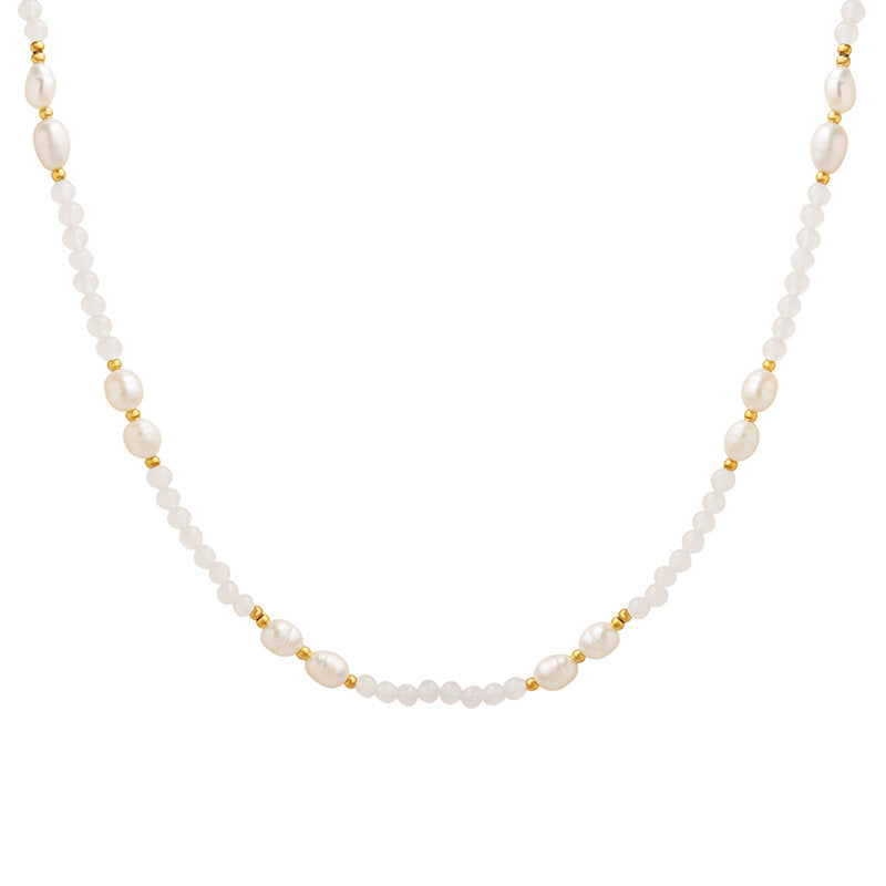 Winter new non-fading French retro personalized stone freshwater pearl pendant titanium steel gold-plated beaded necklace jewelry