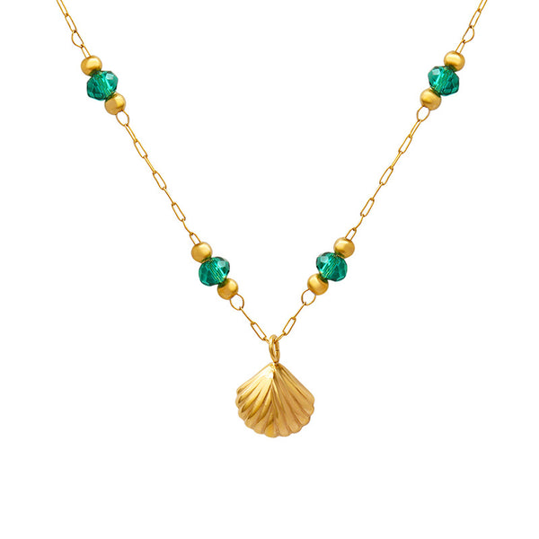 Versatile trend Internet celebrity Linglong crystal bead scallop pendant necklace stainless steel plated 18K gold 99
