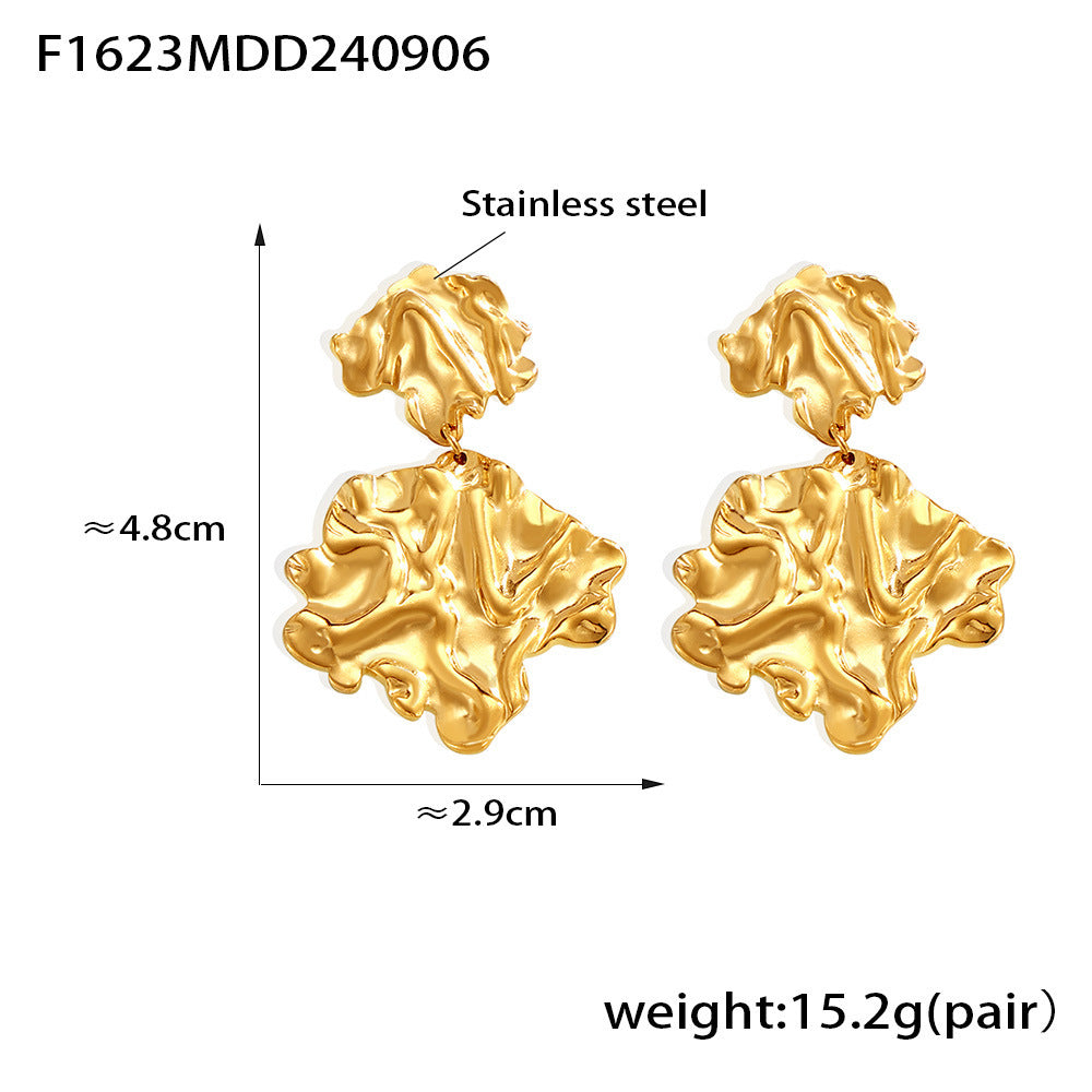 Personalized trend earrings, hammer pleated leaves exaggerated earrings, stainless steel PVD electroplating color-preserving jewelry