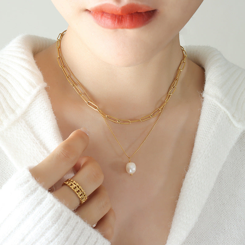 Trend cold wind freshwater pearl pendant multi-layer stacked necklace women's titanium steel collarbone neck chain P79199