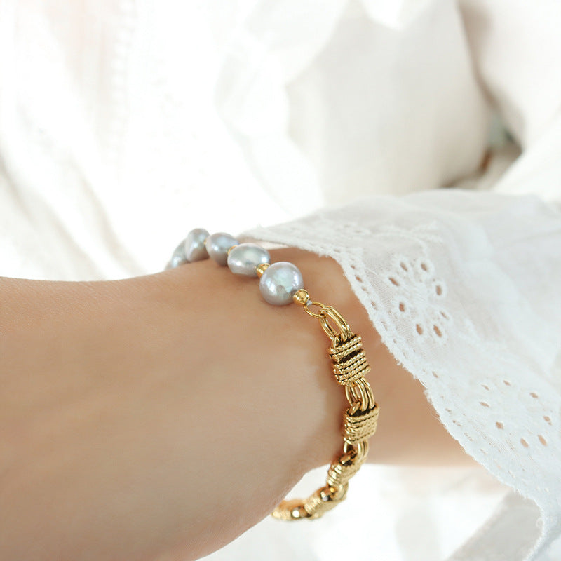 Hip-hop non-fading copper chain with gray freshwater pearl bracelet creative hand jewelry women's 99