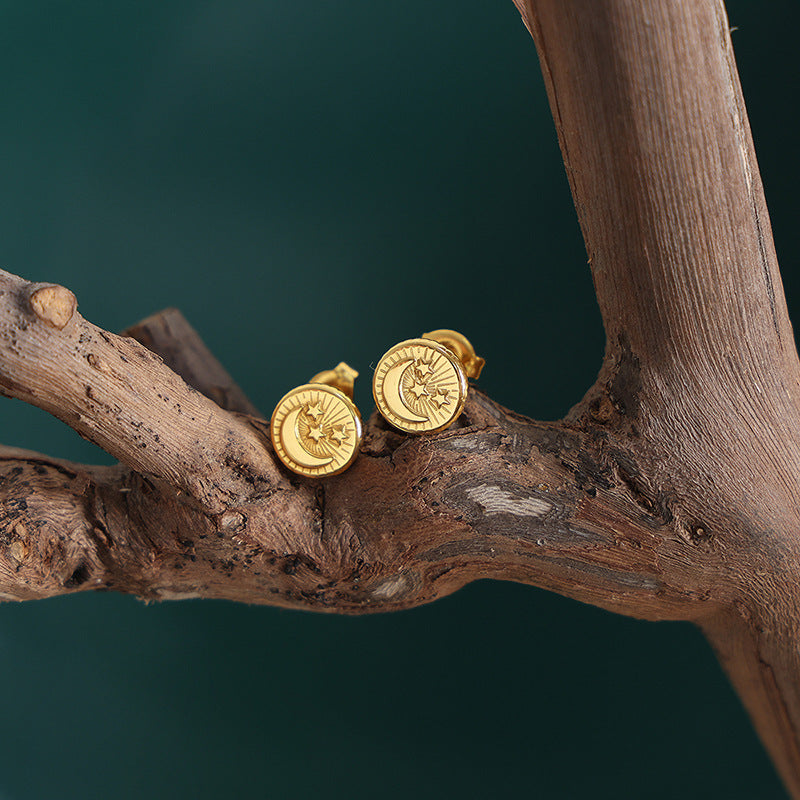 Factory direct sales, niche design, ear-raising, personalized fashion earrings, titanium steel gold-plated relief stars, moon temperament stud earrings