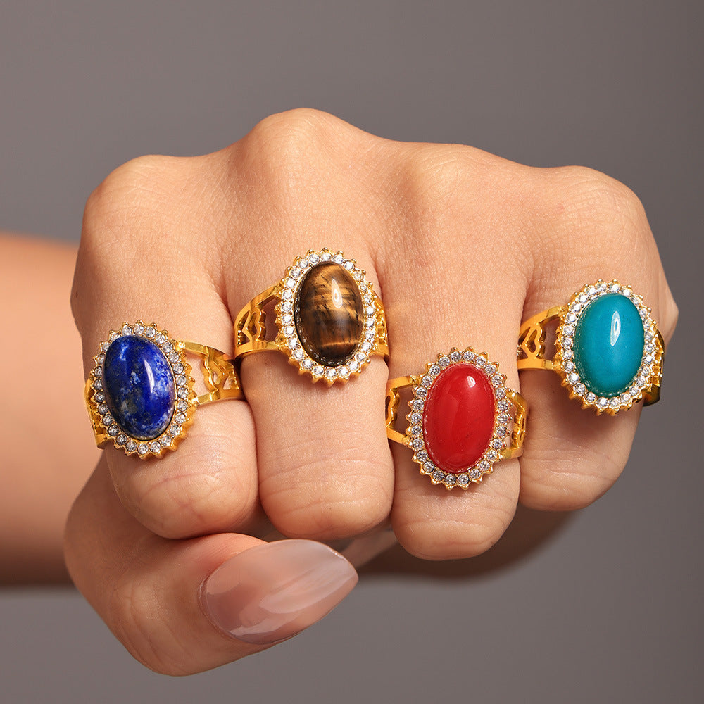 Wave Zircon Oval Natural Stone Open Ring Stainless Steel PVD Plating Adjustable Spot Supply
