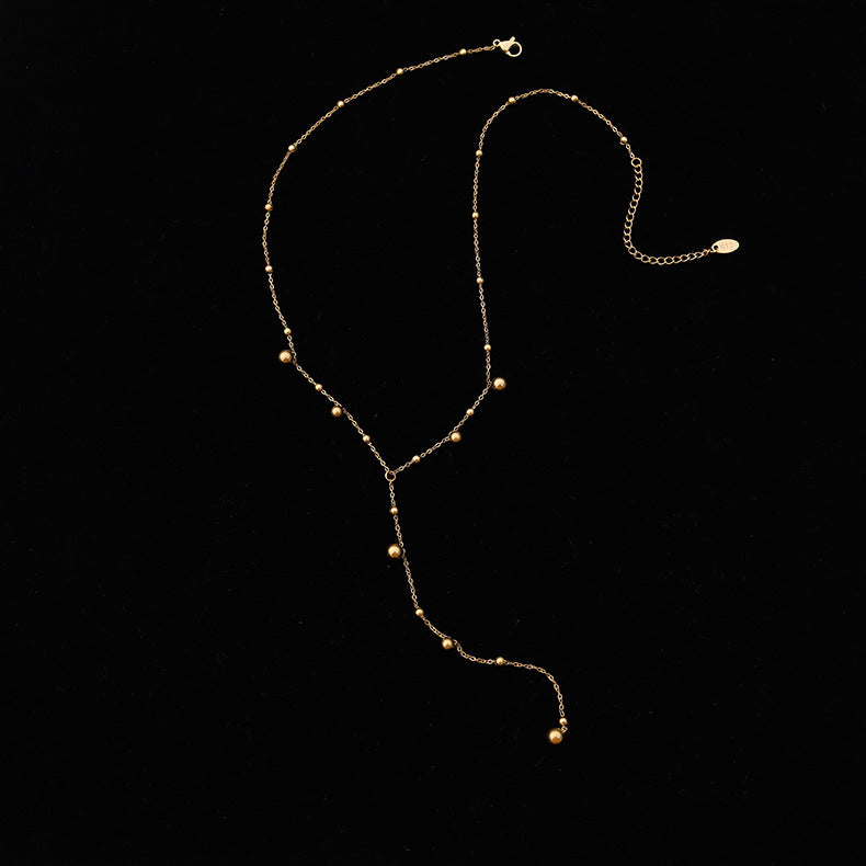 Cold wind trend round beads long fringed necklace women's collarbone neck chain sweater chain titanium steel jewelry P794