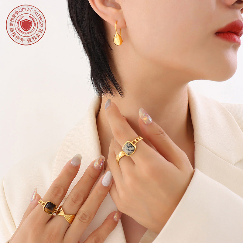 Personality, creativity, elegance, temperament, fashion trend, water drop earrings, Hong Kong wind titanium steel gold-plated niche ear hooks that do not fade