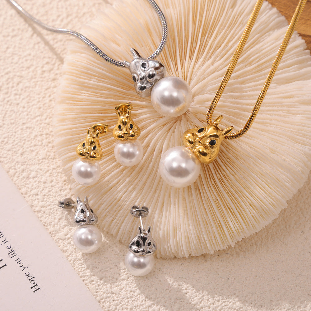 Simple and personalized versatile snake bone chain jewelry cute rabbit inlaid bead design titanium steel jewelry set