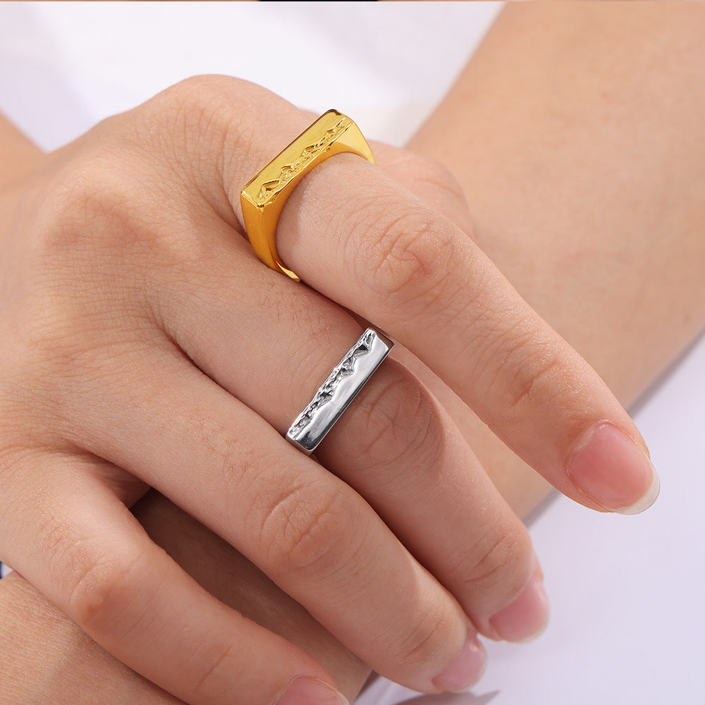 Elegant and simple temperament square jewelry personalized texture mountain wave design titanium steel ring pp