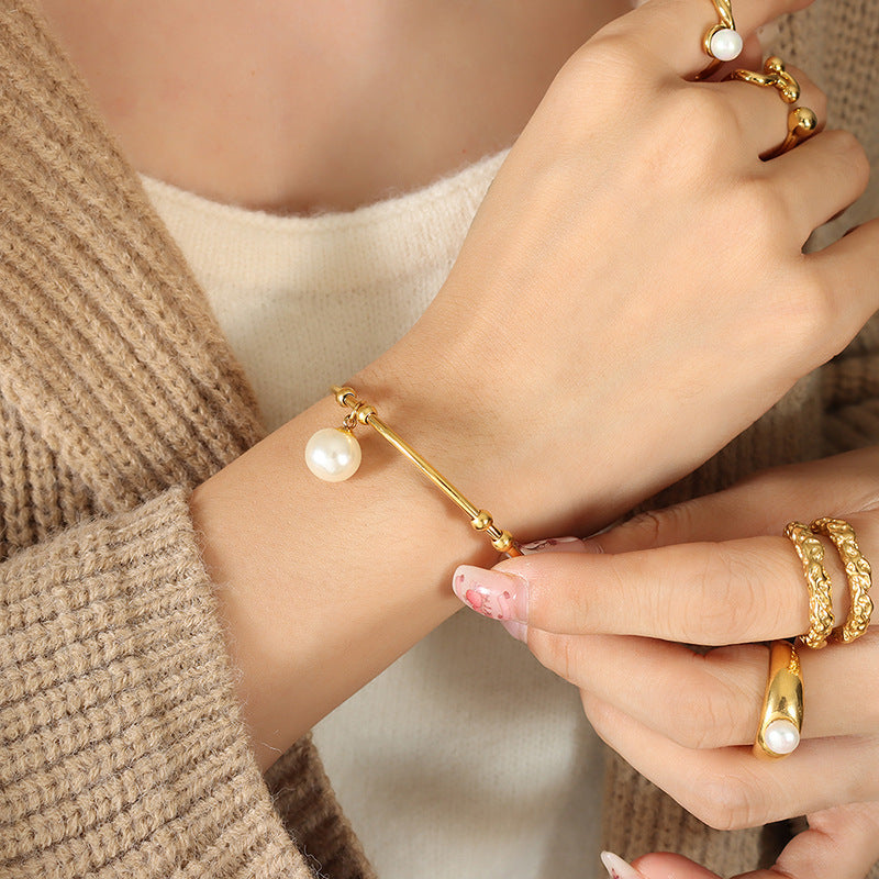Personalized retro bracelet imitation pearl multi-steel ball splicing bracelet temperament versatile design sense fashion bracelet pp