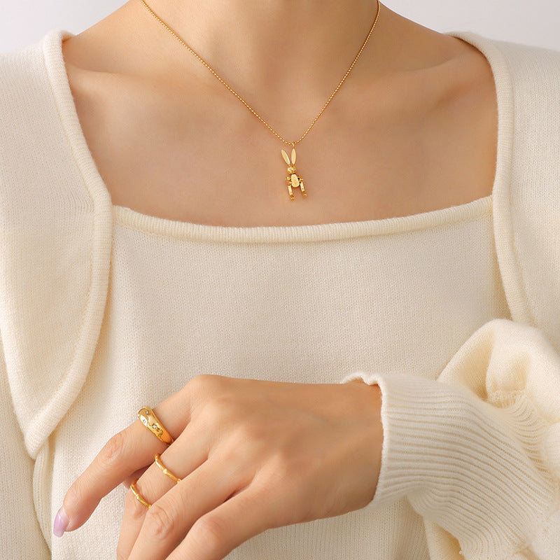 Niche creative design personalized animal mechanical rabbit necklace titanium steel plated 18K gold jewelry