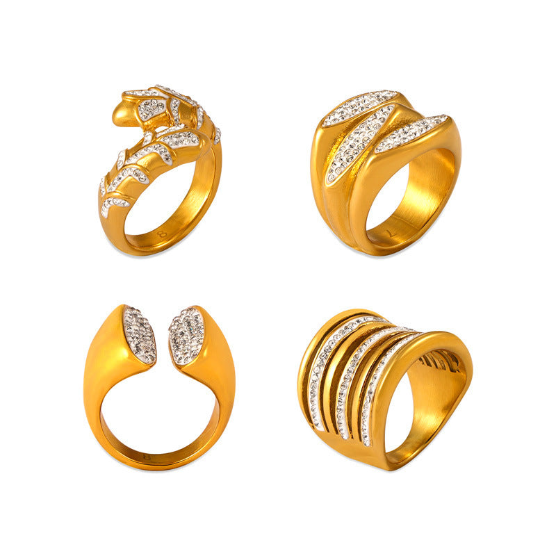 Niche simple light luxury jewelry Gypsy star diamond-set design ring Titanium steel gold-plated multi-layer index finger ring