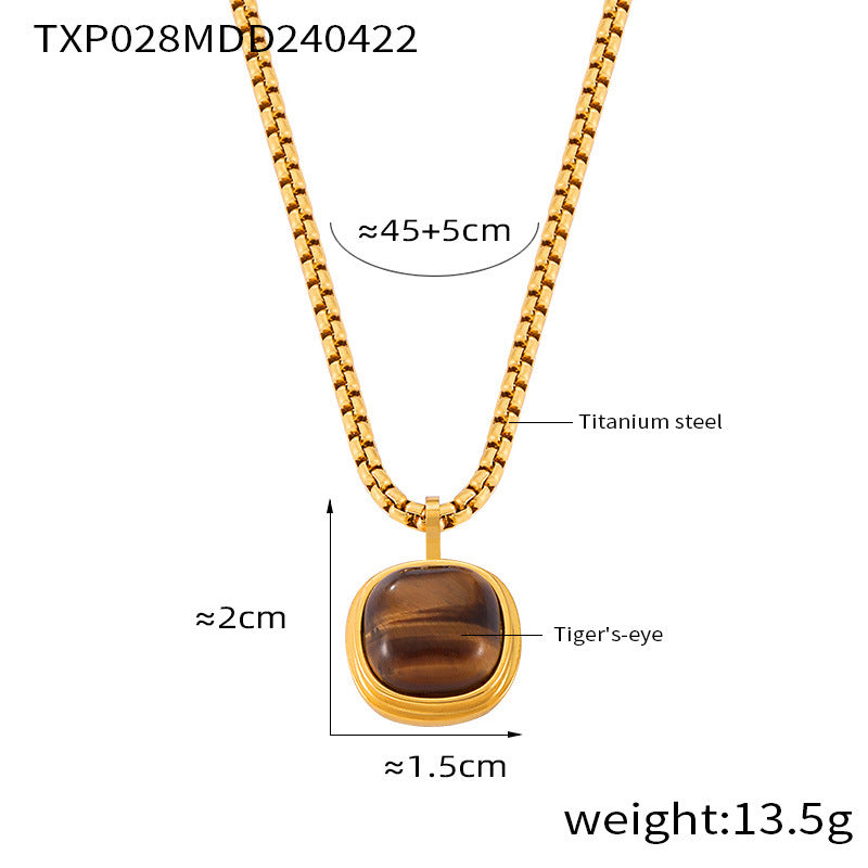 Retro niche light luxury jewelry inlaid with tiger's eye stone square pendant love titanium steel jewelry set
