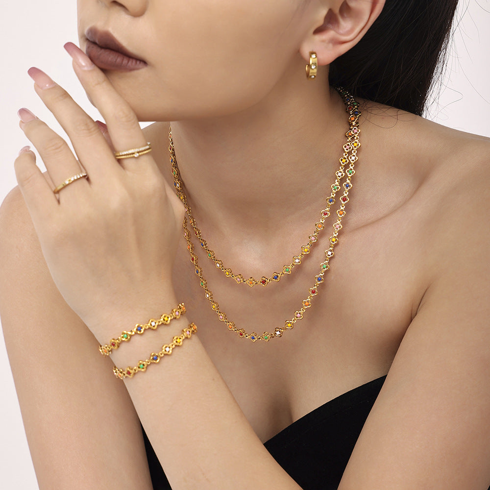 Stainless steel flower handmade chain dripping oil color heavy industry necklace women's bracelet anklet set source factory
