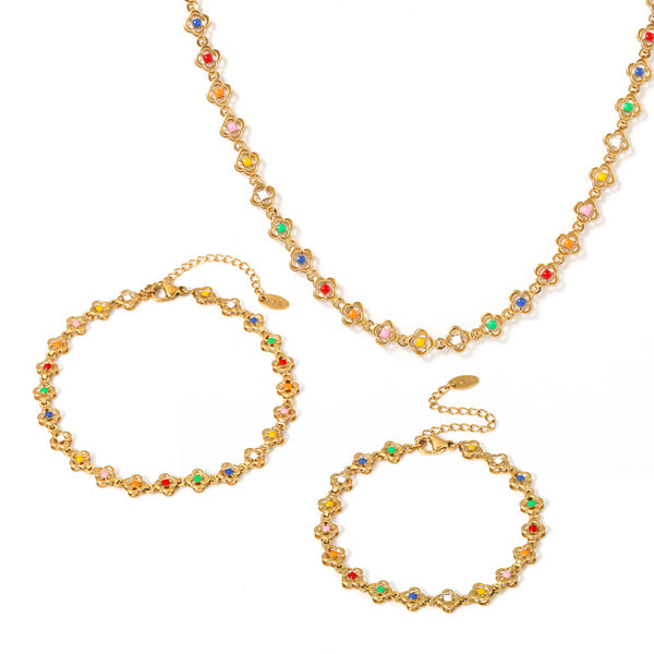 Stainless steel flower handmade chain dripping oil color heavy industry necklace women's bracelet anklet set source factory