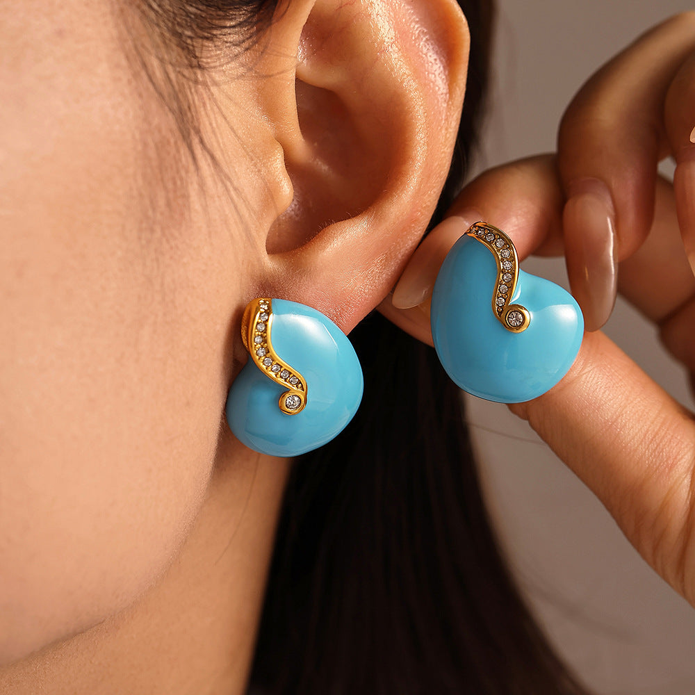 Court stud earrings Conch blue zircon titanium steel PVD gold-plated enamel color glaze simple color-retaining earrings