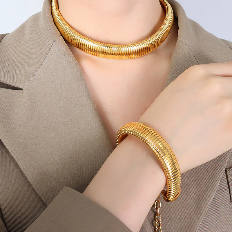 Exaggerated design personalized fashion necklace titanium steel electroplated 18K gold thick wide trend bracelet jewelry set