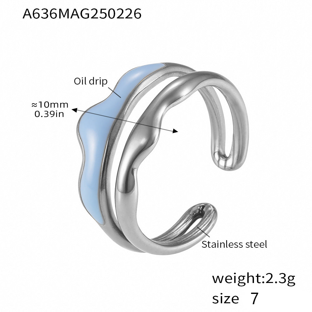 Weight color glaze double layer wave ring temperament creative opening stainless steel plated real gold does not fade jewelry women