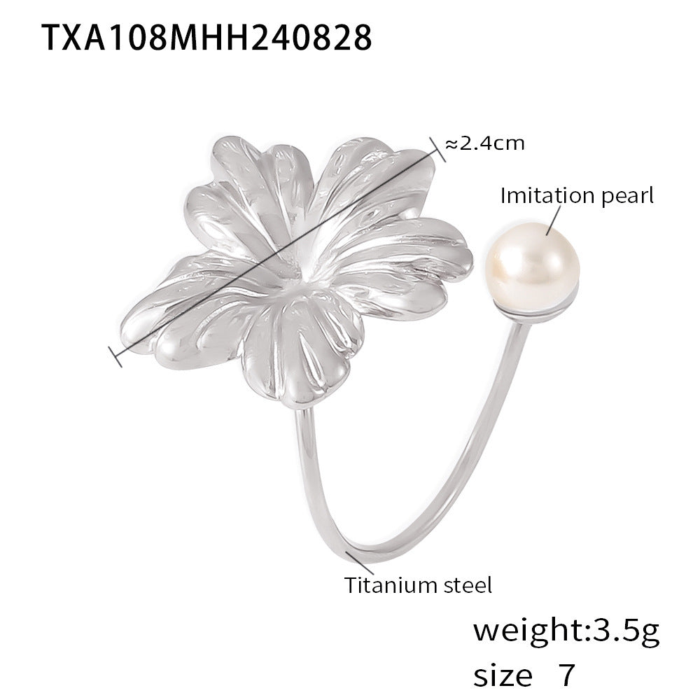 Light Luxury Pearl Flower Ring Titanium Steel 18k Gold Non-Fading Opening Adjustable Ring Fashion Earrings