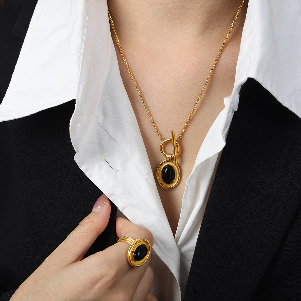 New composite titanium steel gold-plated agate oval pendant OT buckle necklace ring set jewelry