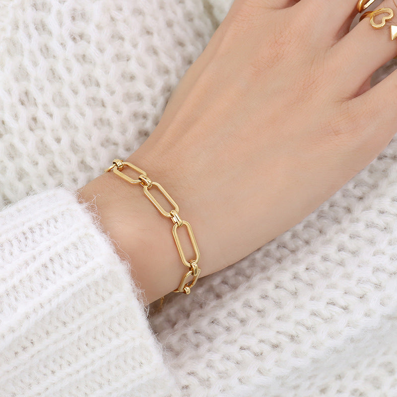 Hip-hop design geometric elements stacked simple bare chain titanium steel plated 18K gold bracelet accessories set pp