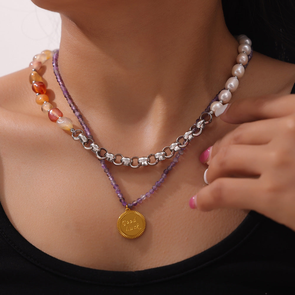 Simple individual cold wind light luxury jewelry freshwater pearl natural stone handmade beaded design titanium steel necklace pp