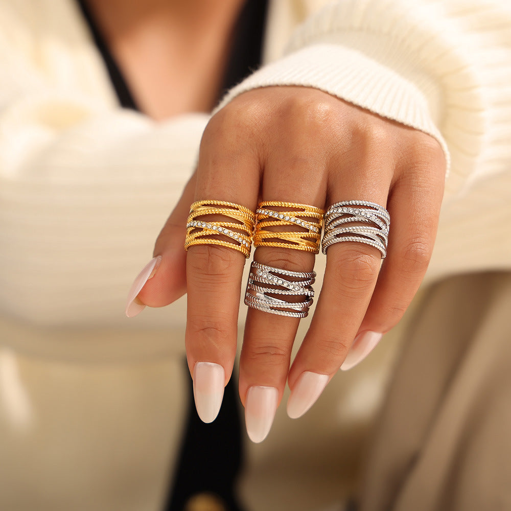 Hot Sale Multi-layer Twist Cross Diamond Set Hollow Ring Stainless Steel Plated 18K Gold Personality Ring