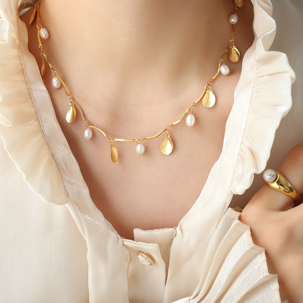 Baroque Natural Freshwater Pearl Tassel Geometric Necklace Versatile Trend Light Luxury Bracelet Jewelry Set