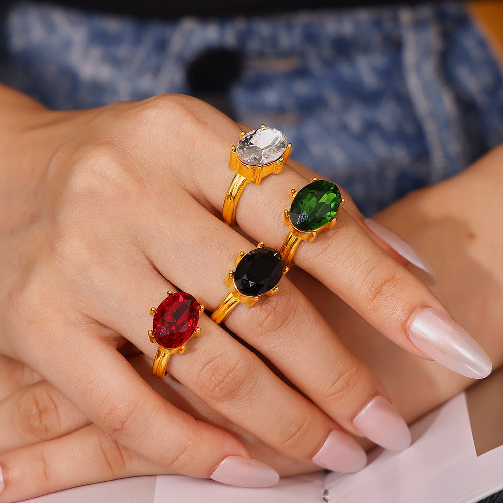 Court style oval glass stone ring luxury temperament titanium steel plated 18k real gold index finger ring jewelry