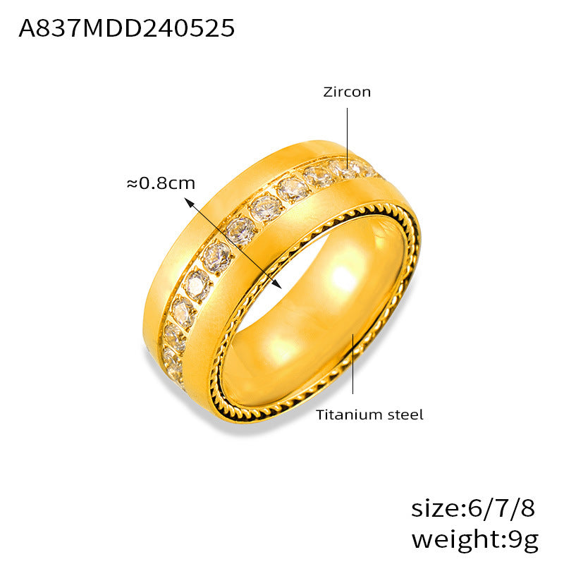 Niche personalized texture lace index finger ring inlaid with diamond design titanium steel gold-plated casual wind ring pp