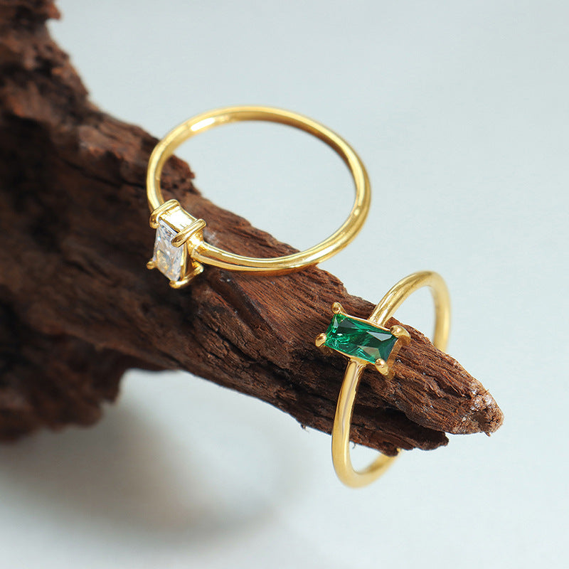 Simple and compact plain ring finger ring inlaid square white-green zircon ring niche design non-fading jewelry