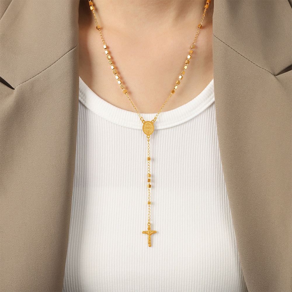 New fashionable versatile simple niche design titanium steel gold-plated cross pendant sweater chain necklace jewelry