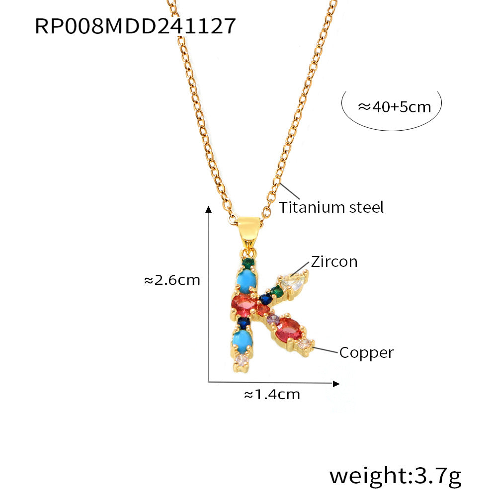 European and American cross-border copper micro-inlaid colored zircon 26 English letters personalized individual pendant niche hip-hop collarbone chain pp